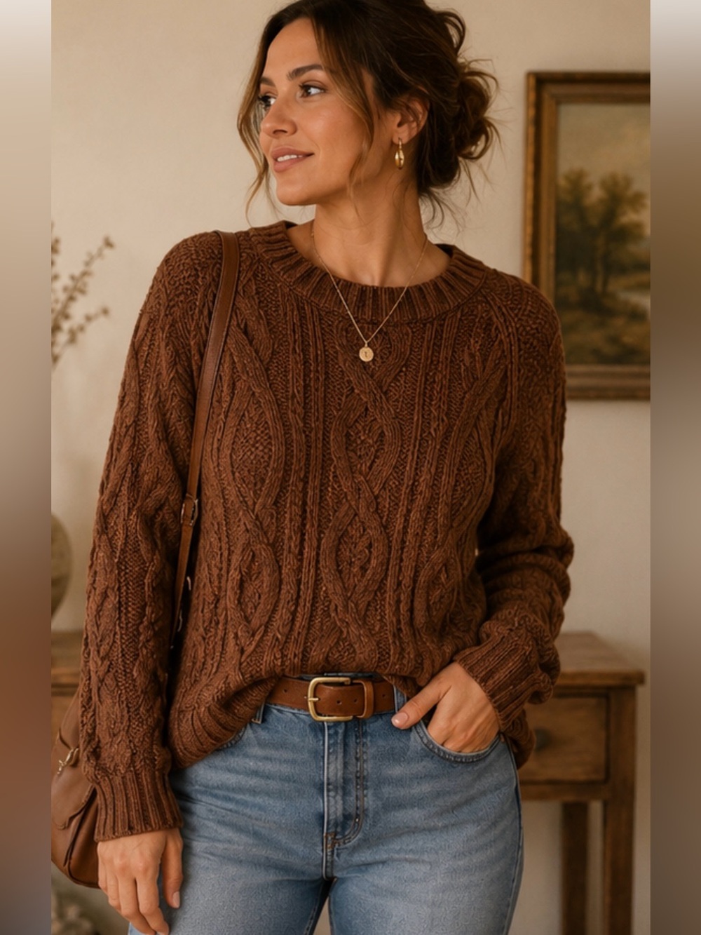 Gallagher Brown Cable Knit Ramie Cotton Sweater L Cozy Cottagecore